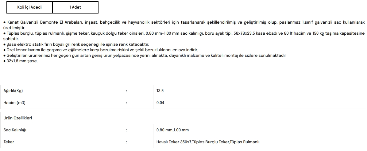 Kanat Galvanizli Demonte El Arabası