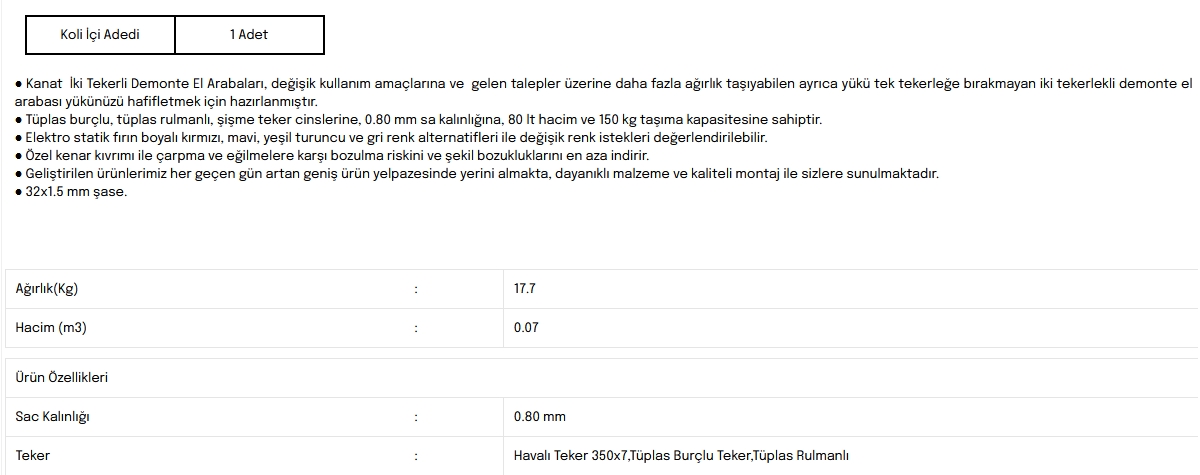 Kanat İki Tekerlekli Demonte El Arabası