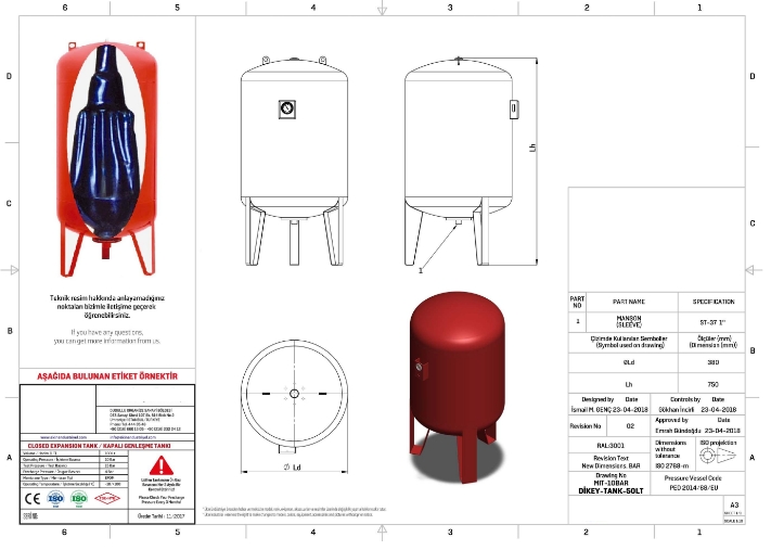 MIT 60 LT DİK AYAKLI HİDROFOR GENLEŞME TANKI-10 BAR