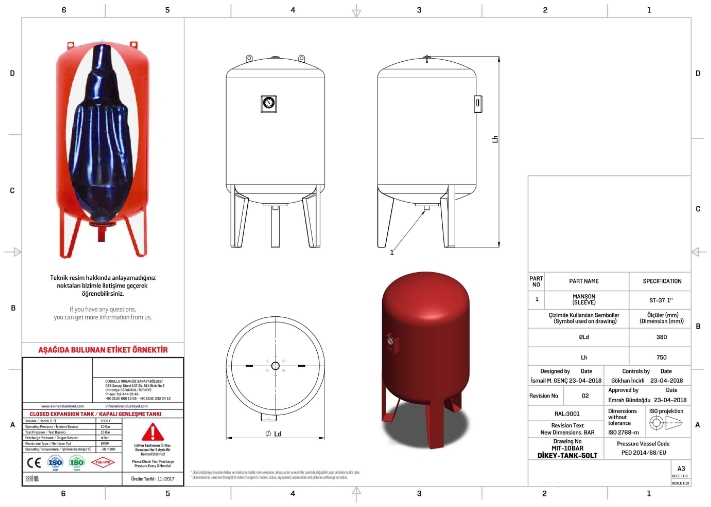 MIT 200 LT DİK AYAKLI MANOMETRELİ HİDROFOR GENLEŞME TANKI-10 BAR